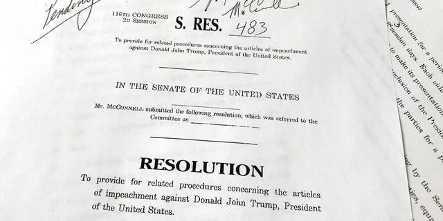 Chief Justice Roberts admonishes both sides at Senate impeachment trial, after marathon session erupts into shouting match 2 A copy of revised U.S. Senate Resolution 483, which provides procedures concerning the articles of impeachment against President Donald Trump, released Tuesday, Jan. 21, 2020 on Capitol Hill in Washington. Senate Majority Leader Mitch McConnell has abruptly changed his proposed rules for President Donald Trump’s impeachment trial after some of his fellow Republican senators objected. (AP Photo/Wayne Partlow)