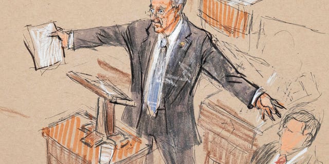 This artist sketch depicts Senate Minority Leader Chuck Schumer, D-N.Y., speaking in the Senate chamber during the impeachment trial against President Donald Trump on charges of abuse of power and obstruction of Congress, at the Capitol in Washington, Tuesday, Jan. 21, 2020. (Dana Verkouteren via AP)