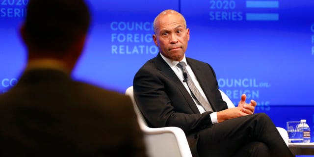 Former Massachusetts governor and 2020 Democratic presidential candidate Deval Patrick, right, takes a question at the Council on Foreign Relations.