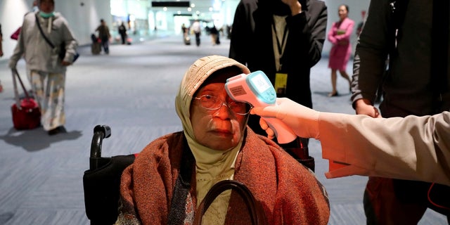 A health official scans the body temperature of a passenger as she arrives at the Soekarno-Hatta International Airport in Tangerang, Indonesia on Wednesday. Indonesia is screening travelers from overseas for a new type of coronavirus as fears spread about a mysterious infectious disease after its first death reported in China. (AP Photo/Tatan Syuflana)