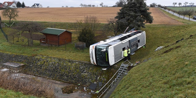 Public broadcaster MDR reported that 20 children and the bus driver were injured in the crash in Berka, about 260 kilometers (160 miles) southwest of Berlin. (Swen Pfoertner/dpa via AP)