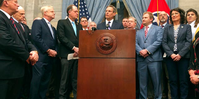 Tennessee Gov. Bill Lee, center, and fellow Republicans in the state General Assembly hold a news conference at the Tennessee Capitol on Thursday, Jan. 23, 2020, in Nashville,Tenn., to discuss a new anti-abortion proposal. (AP Photo/Jonathan Mattise)
