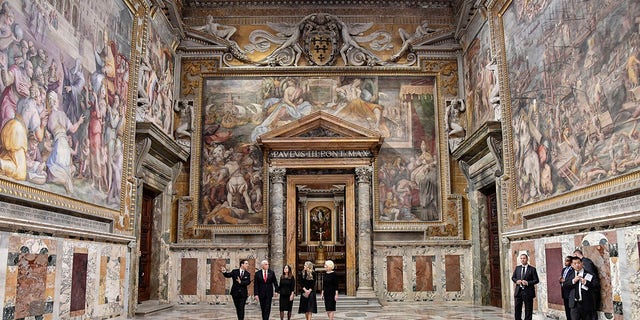 U.S. Vice President Mike Pence, second from left, and part of his delegation are given a private tour of the Vatican after his private audience with Pope Francis, at the Vatican, Friday, Jan. 24, 2020. (Associated Press)