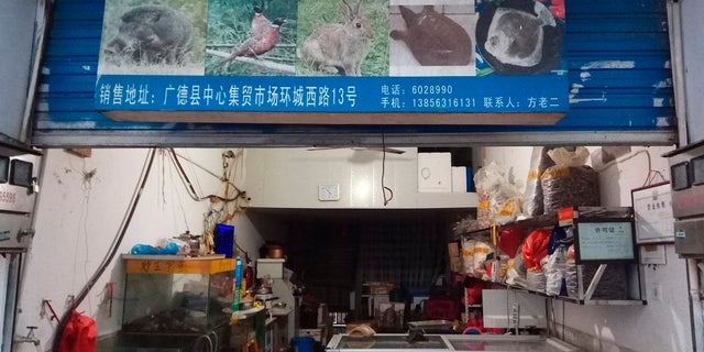 In this Jan. 9, 2020, photo provided by the Anti-Poaching Special Squad, the exterior of a store suspected of selling trafficked wildlife is seen in Guangde city in central China's Anhui Province. The outbreak of a new virus linked to a wildlife market in central China is prompting renewed calls for enforcement of laws against the trade in and consumption of exotic species. (Anti-Poaching Special Squad via AP)