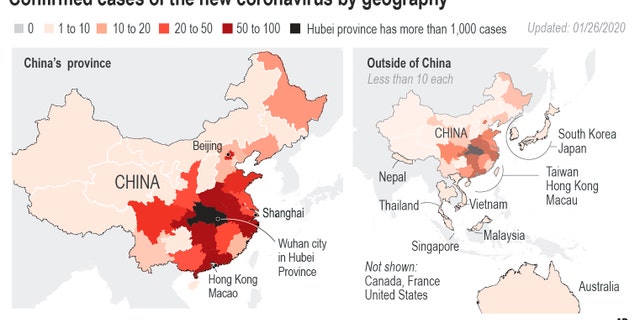 Map highlights areas with cases of the new coronavirus.;