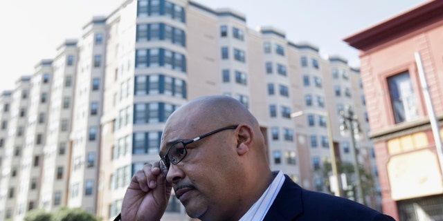 File - In this March 19, 2015, file photo, Mohammed Nuru, director of San Francisco Public Works, is interviewed at the Tenderloin Pit Stop mobile bathrooms in San Francisco.  (AP Photo/Jeff Chiu, File)