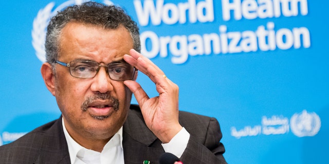 Tedros Adhanom Ghebreyesus, Director General of the World Health Organization (WHO), talks to the media at the World Health Organization headquarters in Geneva, Switzerland, Thursday, Jan. 30, 2020.  (Jean-Christophe Bott/Keystone via AP)