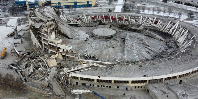 A view of stadium, sports and concert complex Petersburgsky, collapsed during disassembly of the roof in St.Petersburg, Russia on Friday. The Peterburgsky stadium, one of the biggest stadiums in Europe, had been built for the 1980 Moscow Olympics and was being converted into an ice hockey arena for the 2023 IIHF World Championship. (AP Photo/Dmitri Lovetsky)