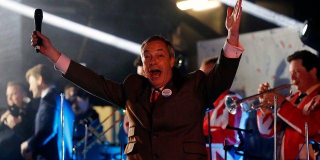 Brexit Party leader Nigel Farage celebrates during a rally in London on Friday(AP Photo/Frank Augstein)