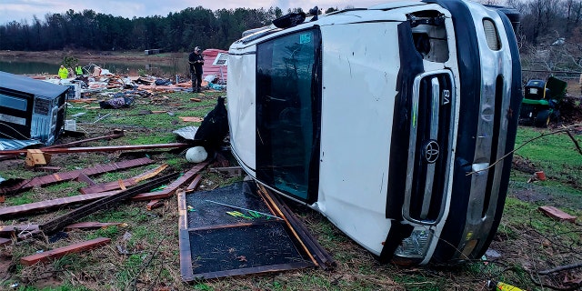 This photo provided by Bossier Parish Sheriff's Office shows damage from Friday nights severe weather, including the home of an elderly in Bossier Parish, La., on Saturday, Jan. 11, 2020. (Lt. Bill Davis/Bossier Parish Sheriff's Office via AP)
