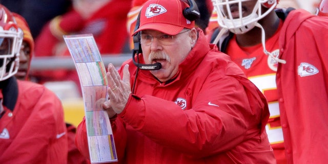 Chiefs head coach Andy Reid reacts during the Tennessee Titans game on Jan. 19, 2020, in Kansas City, Missouri. (AP Photo/Charlie Riedel)