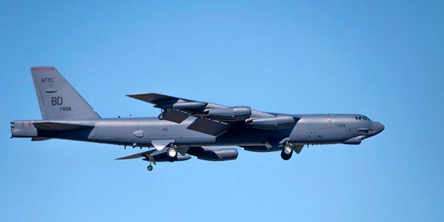 A U.S. Air Force B-52 bomber preparing to land at Barksdale Air Force Base.