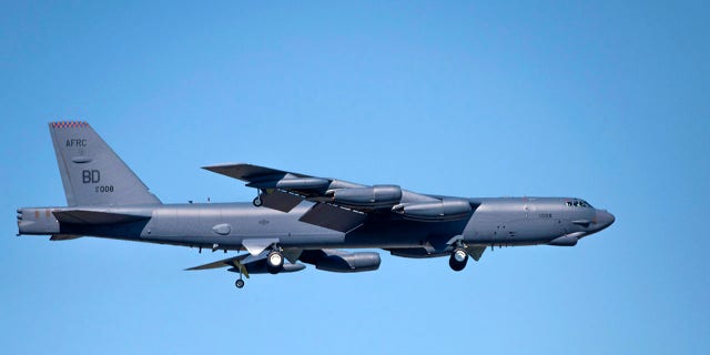 A U.S. Air Force B-52 bomber preparing to land at Barksdale Air Force Base.