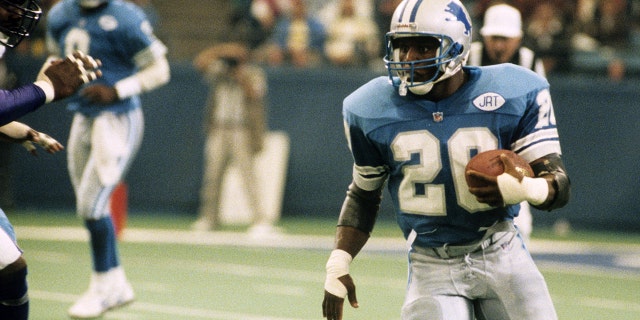 Detroit Lions Hall of Fame running back Barry Sanders carries the ball during a 24-20 victory over the Minnesota Vikings on October 6, 1991, at the Pontiac Silverdome in Pontiac, Michigan. (Betsy Peabody Rowe/Getty Images)