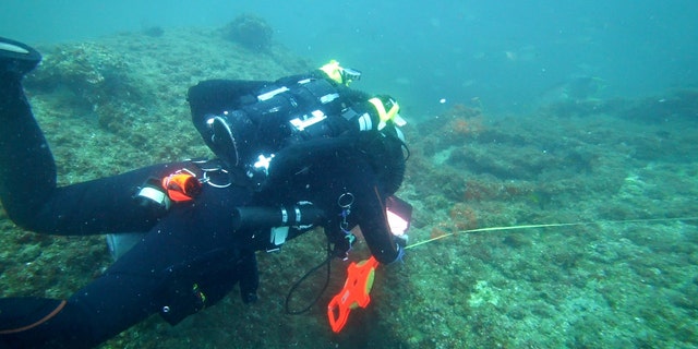 Marine biologist and underwater archaeologist Michael Barnette measuring the wreck of the SS Cotopaxi.