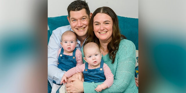 Rebecca Allen and her partner Andrew Kirkwood with the twins Luna (LEFT) and Seren Kirkwood (RIGHT).)