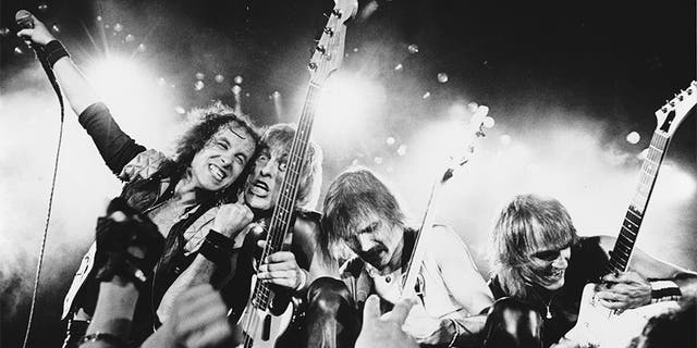 (L-R) Klaus Meine, Francis Bucholz, Rudolph Schenker and Matthias Jabs of Scorpions, circa 1984.