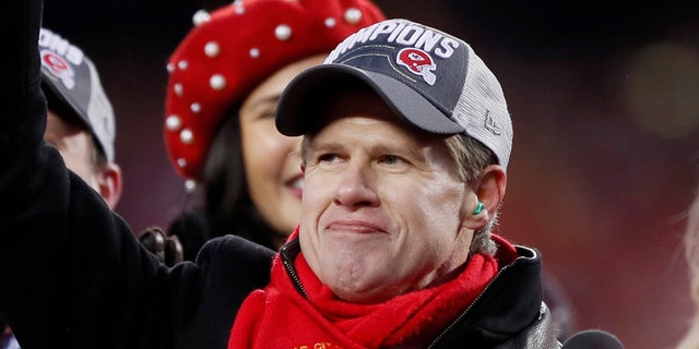 Clark Hunt, part owner, chairman and CEO of the Kansas City Chiefs, holds the Lamar trophy after the NFL AFC Championship football game against the Tennessee Titans on Sunday, Jan. 19, 2020, in Kansas City, Mo. The Chiefs won 35-24 to advance to Super Bowl 54. (AP Photo/Charlie Neibergall)