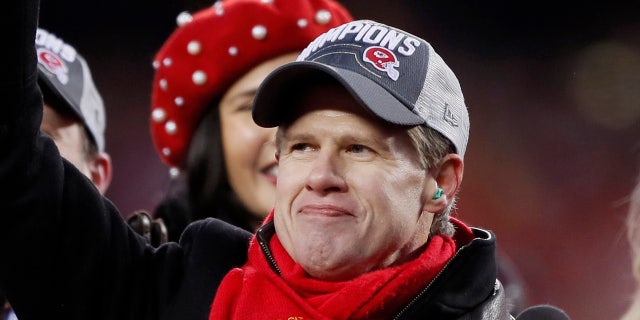 Clark Hunt, part owner, chairman and CEO of the Kansas City Chiefs, holds the Lamar trophy after the NFL AFC Championship football game against the Tennessee Titans on Sunday, Jan. 19, 2020, in Kansas City, Mo. The Chiefs won 35-24 to advance to Super Bowl 54. (AP Photo/Charlie Neibergall)