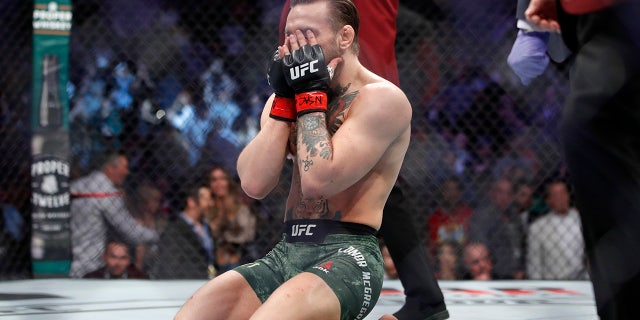 Conor McGregor reacts to his win over Donald "Cowboy" Cerrone during a UFC 246 welterweight mixed martial arts bout Saturday, Jan. 18, 2020, in Las Vegas. (AP Photo/John Locher)