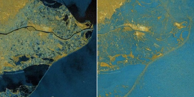 Before and after images of the Ebro delta flooded after the storm.