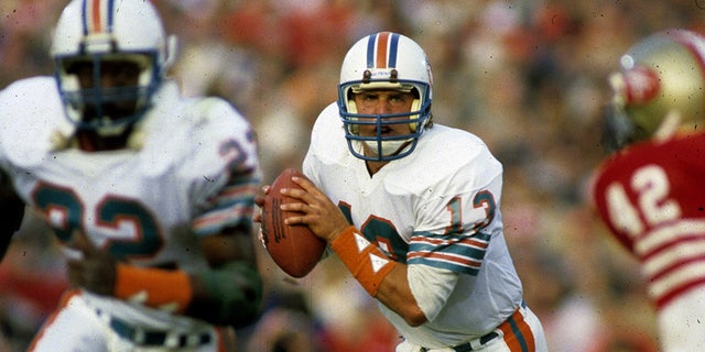 Miami Dolphins Hall of Fame quarterback Dan Marino (13) scans the field during the 1985 Super Bowl, a 38-16 loss to the San Francisco 49ers Jan. 20, 1985, at Stanford Stadium in Stanford, Calif.