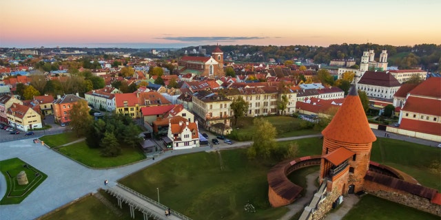 Kaunas, Lithuania: aerial top view of old town and castle in the autumn