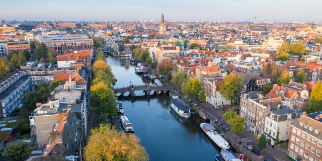 Panoramic aerial view of Amsterdam, Netherlands.