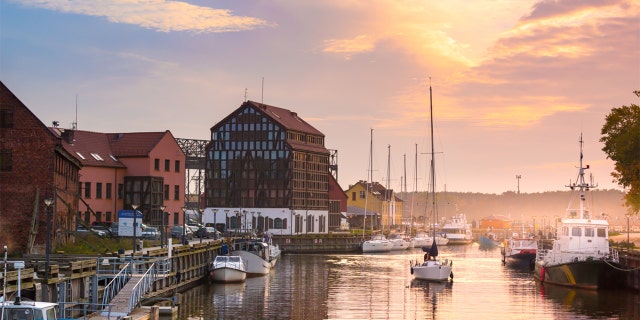 Klaipeda, Lithuania, at dusk. Old Town and Dane river.