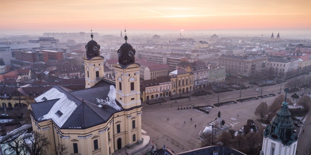 Aerial photo of Reformed Great Church in Debrecen city, Hungary
