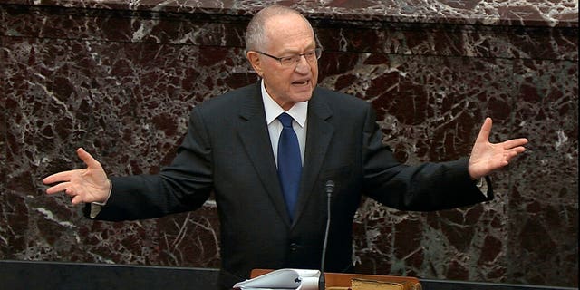 In this image from video, Alan Dershowitz, an attorney for President Donald Trump, speaks during the impeachment trial against Trump in the Senate at the U.S. Capitol in Washington, Monday, Jan. 27, 2020. (Senate Television via AP)