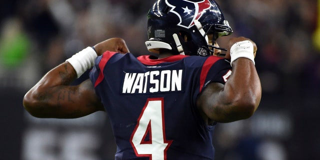 Houston Texans quarterback Deshaun Watson (4) celebrates after throwing a pass to setup the game-winning field goal during overtime of an NFL wild-card playoff football game against the Buffalo Bills Saturday, Jan. 4, 2020, in Houston. The Texans won 22-19 in overtime. (AP Photo/Eric Christian Smith)
