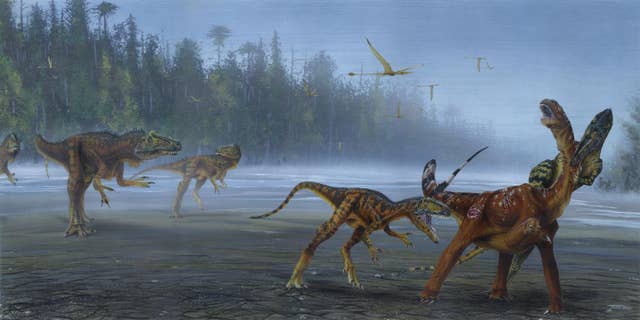 Illustration of Allosaurus jimmadseni attacking a juvenile sauropod. (Todd Marshall)