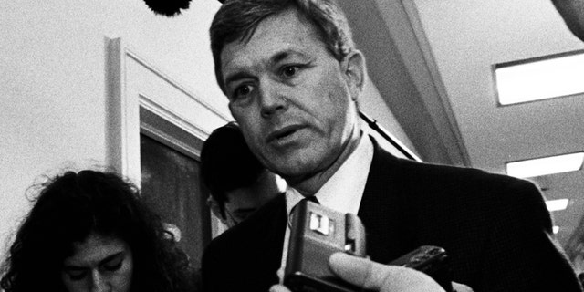 Rep. Ed Bryant, of Tennessee, one of the House Managers during Clinton's impeachment, talks with reporters on his way to a strategy meeting in the Rayburn House Office Building on Feb. 3, 1999 in Washington, DC. (Photo by David Hume Kennerly/Getty Images)