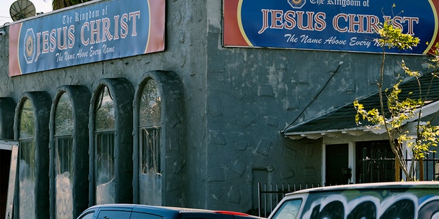 The front of the Kingdom of Jesus Christ Church is seen in the Van Nuys section of Los Angeles on Wednesday. (AP Photo/Richard Vogel)