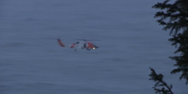 Photo shows Coast Guard helicopter searching for boy 4, who was swept out to sea Saturday near Falcon Cove in Oregon.