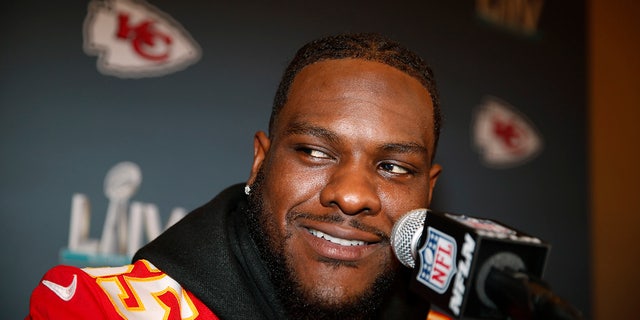 Kansas City Chiefs defensive end Frank Clark (55) during a news conference on Tuesday, Jan. 28, 2020, in Aventura, Fla., for the NFL Super Bowl 54 football game.