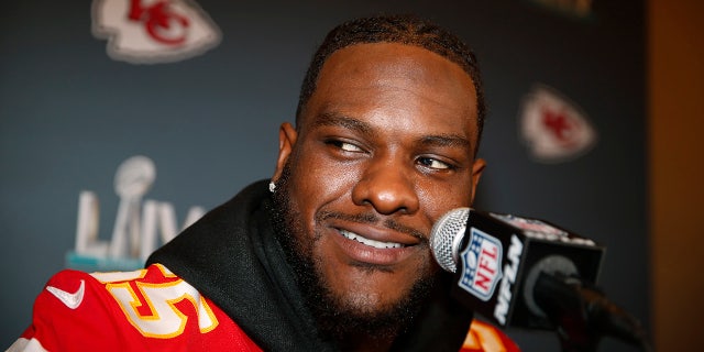 Kansas City Chiefs defensive end Frank Clark (55) during a news conference on Tuesday, Jan. 28, 2020, in Aventura, Fla., for the NFL Super Bowl 54 football game.