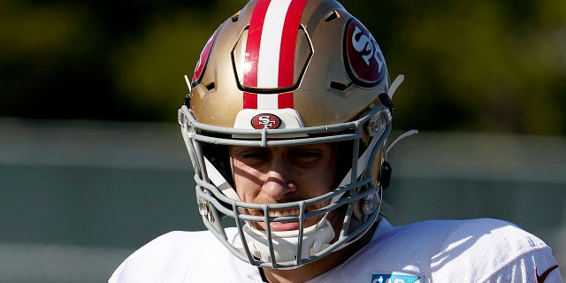 San Francisco 49ers tight end George Kittle (85) stretches during practice at the team's NFL football training facility in Santa Clara, Calif., Friday, Jan. 24, 2020. The 49ers will face the Kansas City Chiefs in Super Bowl 54. (AP Photo/Tony Avelar)