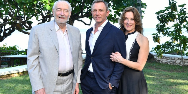 (L-R) Producer Michael G Wilson, cast member Daniel Craig and producer Barbara Broccoli attend the "Bond 25" film launch at Ian Fleming's Home 'GoldenEye' on April 25, 2019 in Montego Bay, Jamaica.