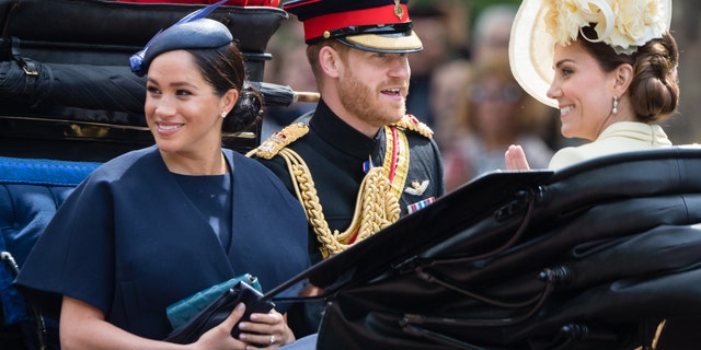 Meghan Markle, Prince Harry and Kate Middleton ride in the Queen's annual birthday parade, on June 08, 2019 in London, England. (Photo by Samir Hussein/Samir Hussein/WireImage)