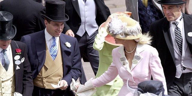 Prince Andrew, the Duke of York, and Jeffrey Epstein (far right) at Ascot.