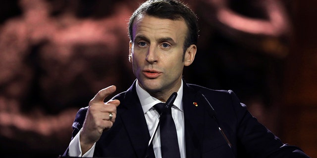 French President Emmanuel Macron speaks during the World Holocaust Forum in Jerusalem, Thursday. (Abir Sultan/Pool Photo via AP)