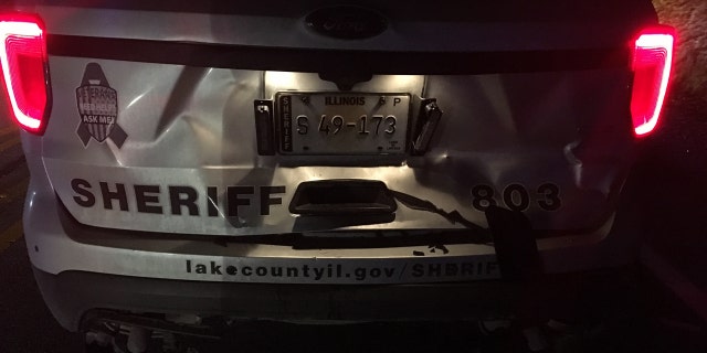 Damage to the Lake County Sheriff’s police cruiser.
