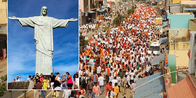 Hundreds of Hindu activists affiliated to India's ruling party rallied on January 13 to protest a planned Jesus statue that will rival Rio de Janeiro's Christ The Redeemer colossus for size. (Photo by STR/AFP via Getty Images)