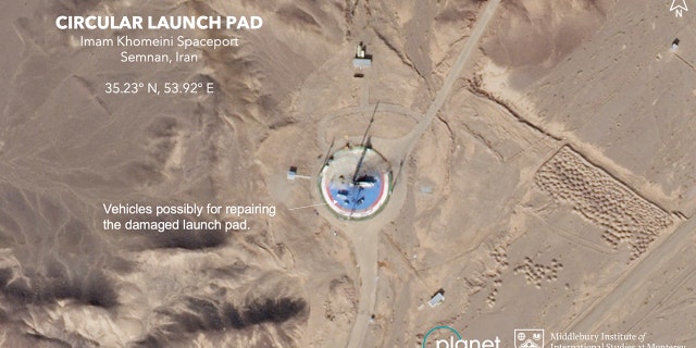 A second satellite image taken Sunday shows a circular launchpad and apparent work activity to repair the site. (Planet Labs Inc, Middlebury Institute of International Studies via AP)