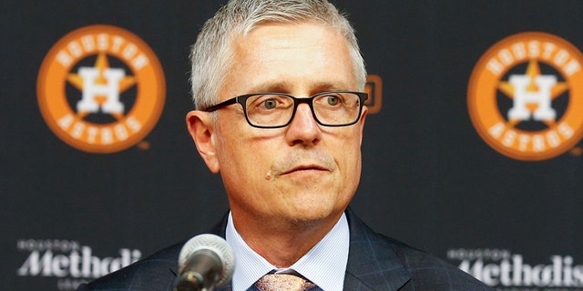 Jeff Luhnow, general manager and president of baseball operations for the Houston Astros addresses the media as he introduces players acquired at the trade deadline at Minute Maid Park on August 02, 2019, in Houston, Texas. (Photo by Bob Levey/Getty Images)