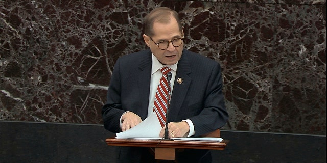 In this image from video, House impeachment manager Rep. Jerrold Nadler, D-N.Y., speaks during the impeachment trial against President Donald Trump in the Senate at the U.S. Capitol in Washington, Thursday, Jan. 23, 2020. (Senate Television via AP)