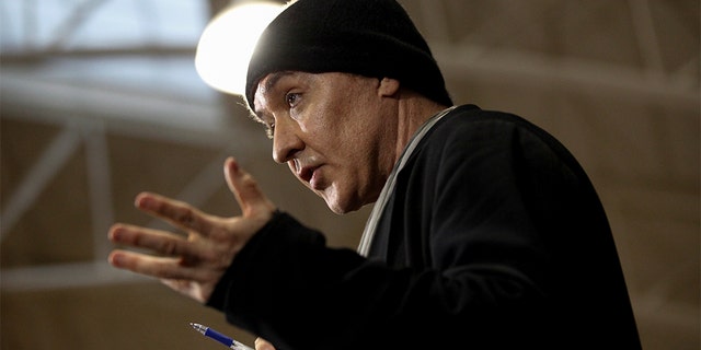 Actor John Cusack introducing Sen. Bernie Sanders during a campaign town hall event in Exeter, New Hampshire.