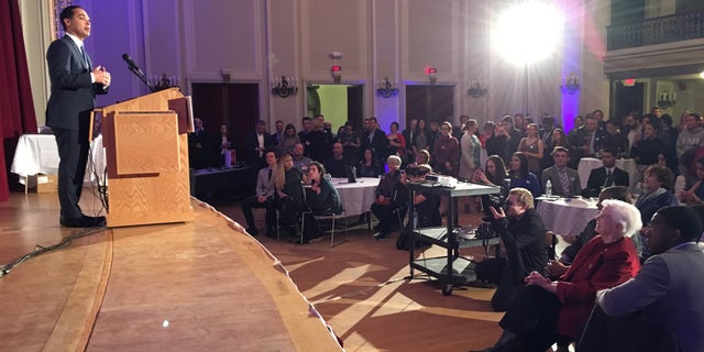 Former Housing Secretary and former San Antonio, Texas Mayor Julian Castro headlines a New Hampshire Young Democrats awards dinner, in Manchester, NH in February of 2018